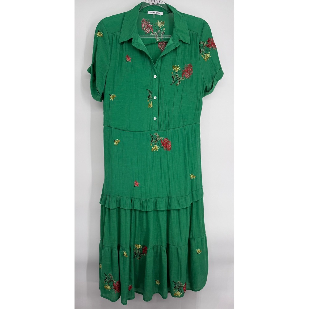 Figueroa & Flower Green Embroidered Floral Tiered Ruffle Midi Dress Sz L